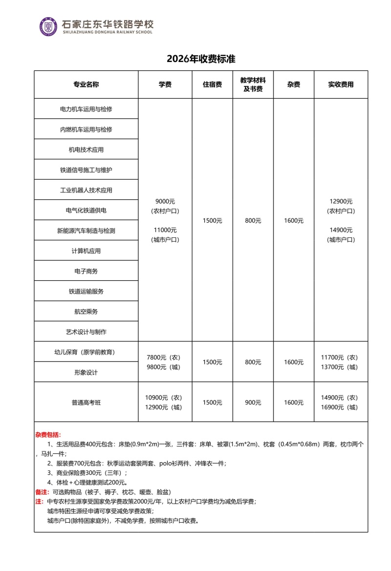 石家莊東華鐵路學(xué)校2026年秋季招生學(xué)費(fèi)多少錢？有資助政策嗎？